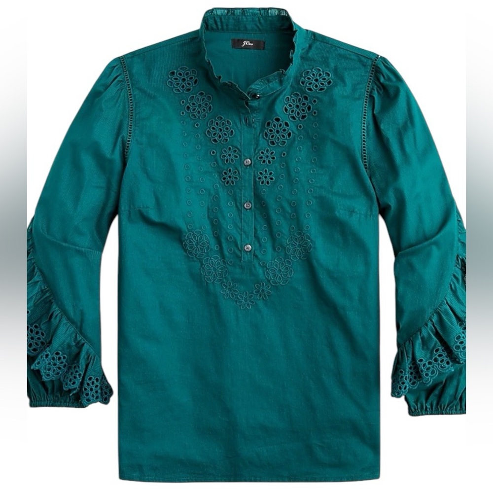 J Crew Medium M Green Eyelet Ruffle Long Sleeve Blouse Button Fairy Victorian